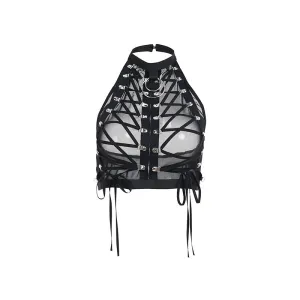 Black Mesh Halter Top With Silver Neck Ring