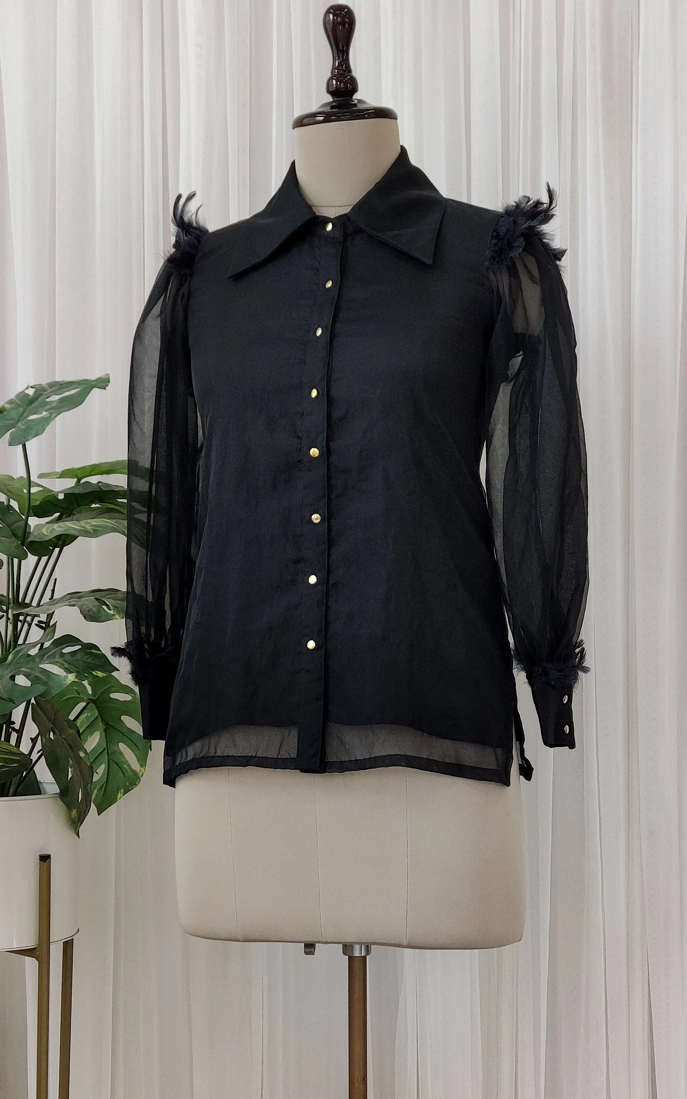Black Organza Feather Detail Top