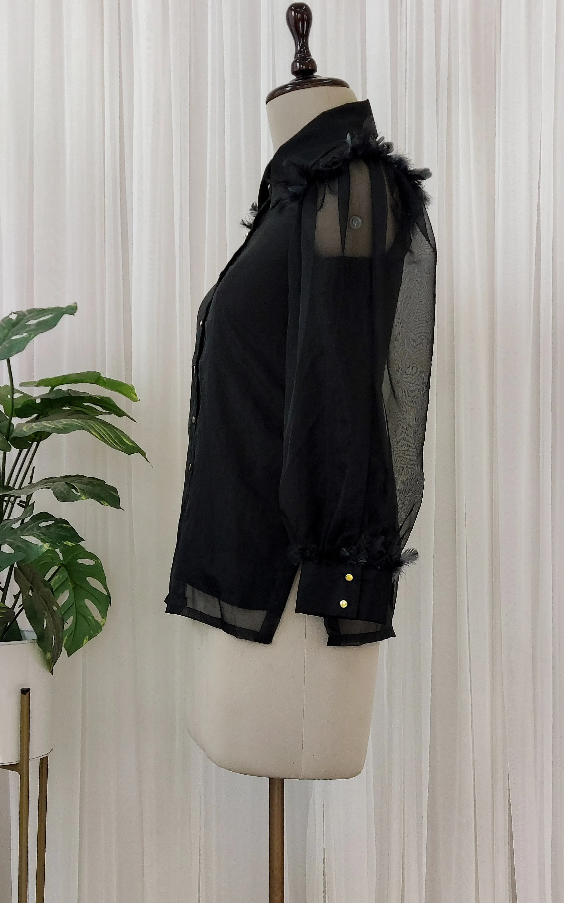Black Organza Feather Detail Top