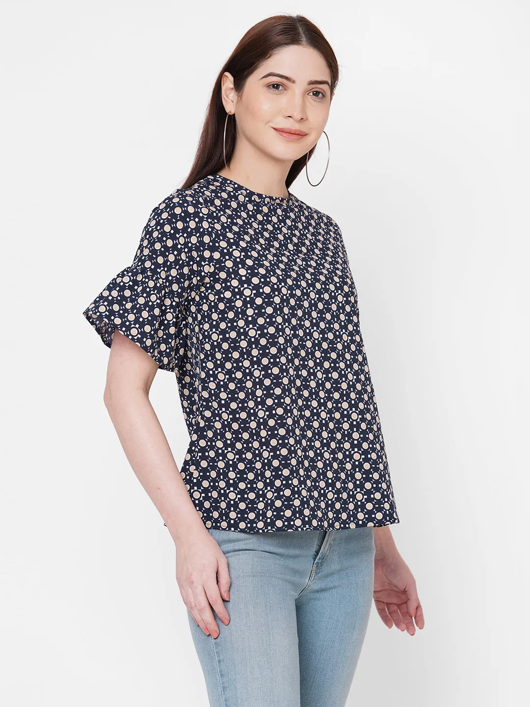 Black Printed Top With Flared Sleeves