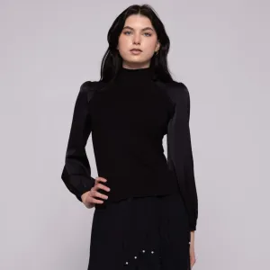 Black Ribbed Satin Sleeve Top
