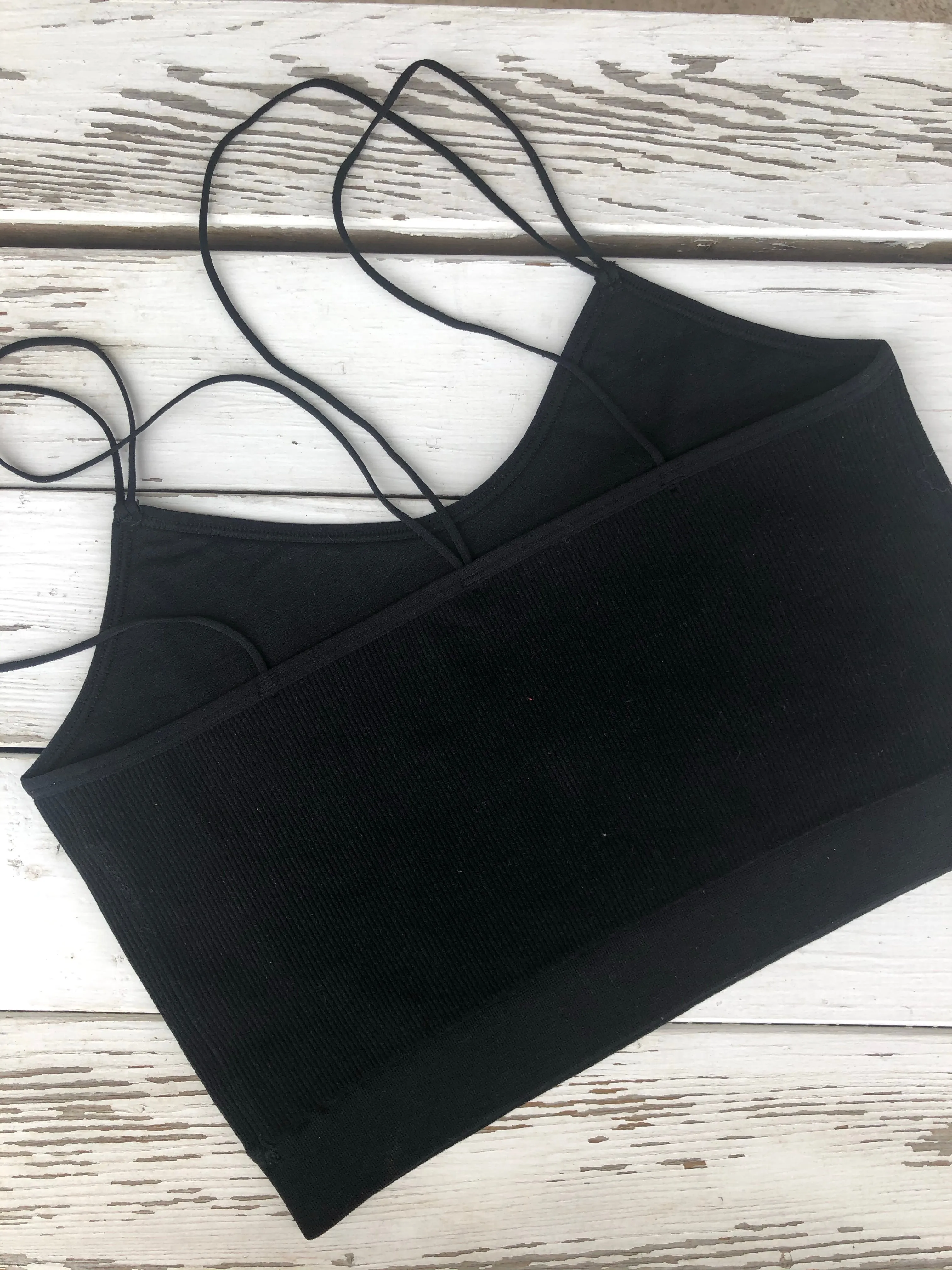 Black Ribbed Spaghetti Straps Crop Top OS fits most