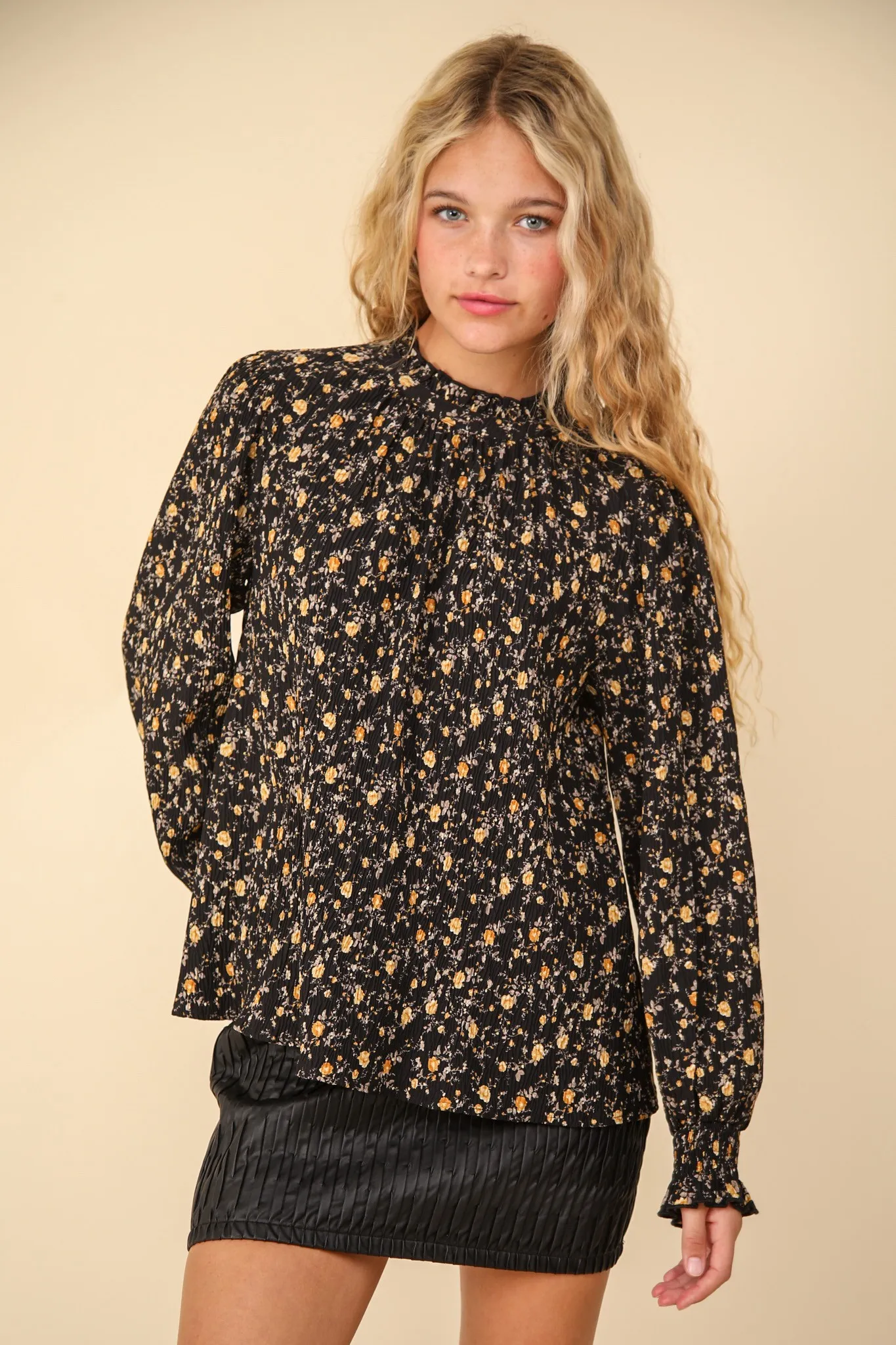 Black Ruffle High Neck Floral Printed Woven Blouse Top /Stuffology Boutique