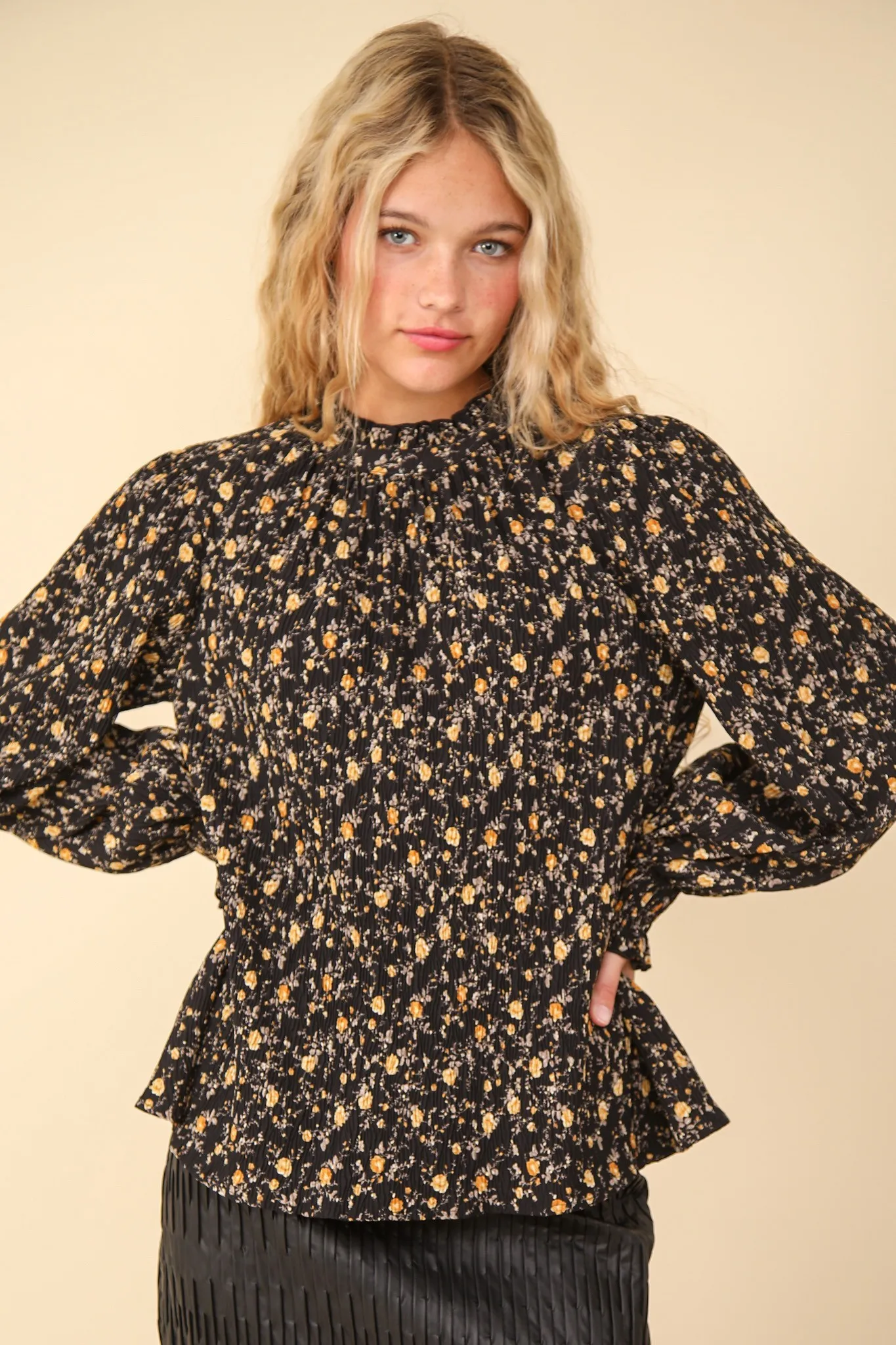 Black Ruffle High Neck Floral Printed Woven Blouse Top /Stuffology Boutique