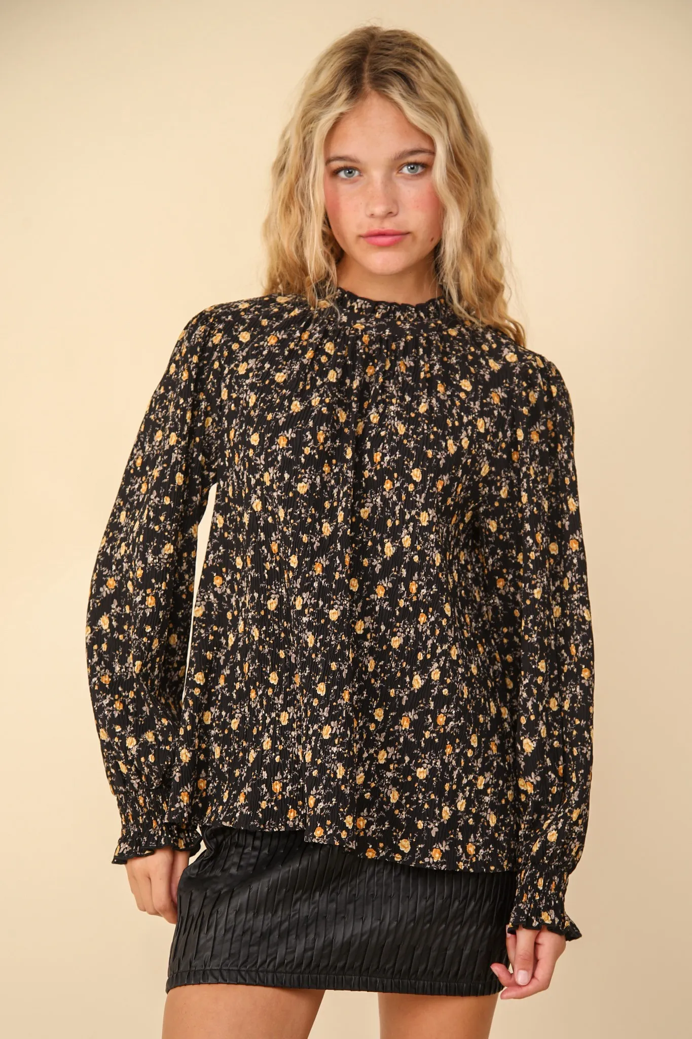 Black Ruffle High Neck Floral Printed Woven Blouse Top /Stuffology Boutique