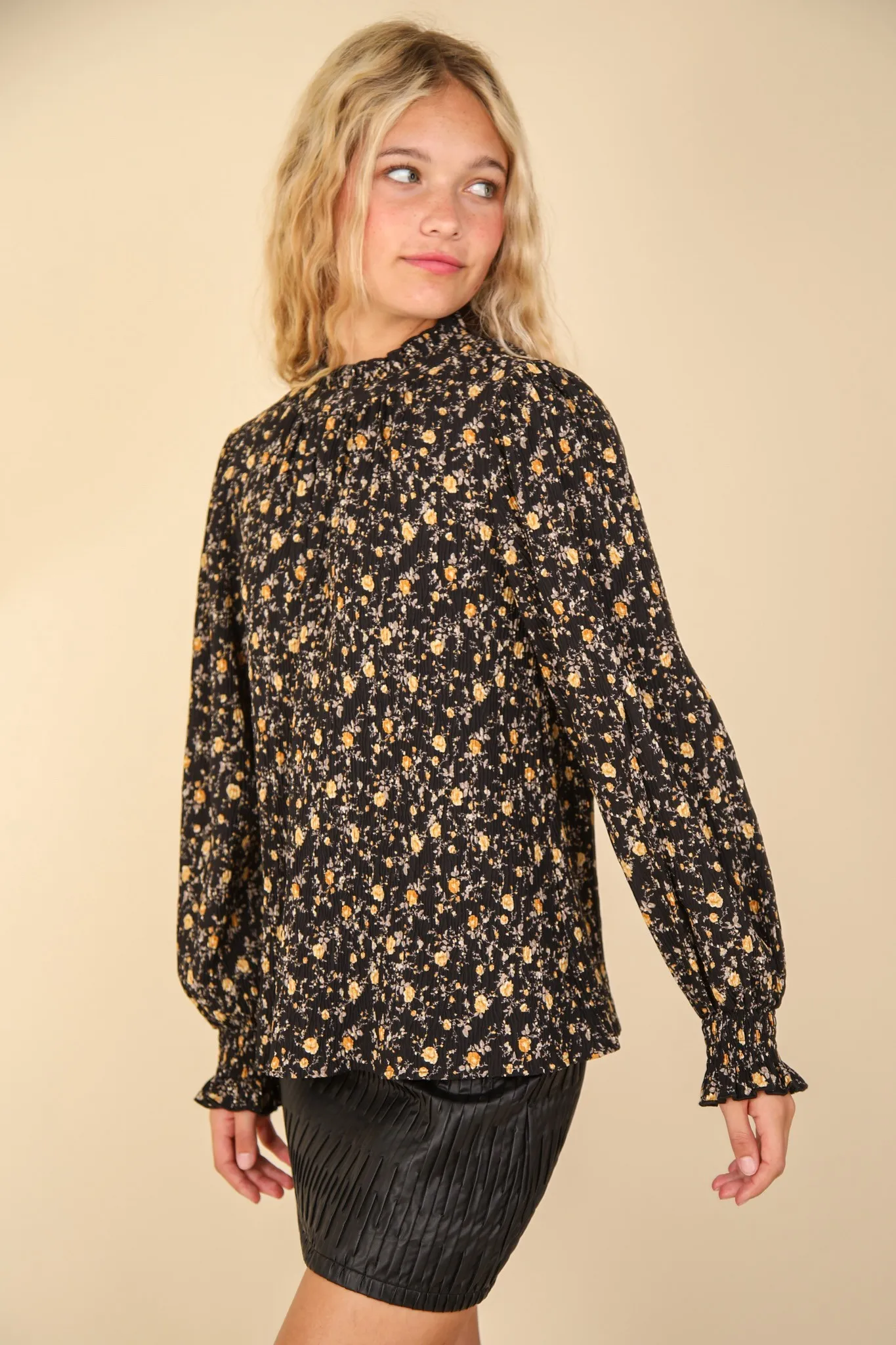 Black Ruffle High Neck Floral Printed Woven Blouse Top /Stuffology Boutique