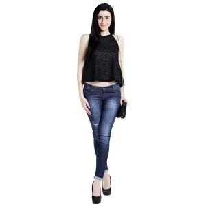 Black Self Design Crop Top