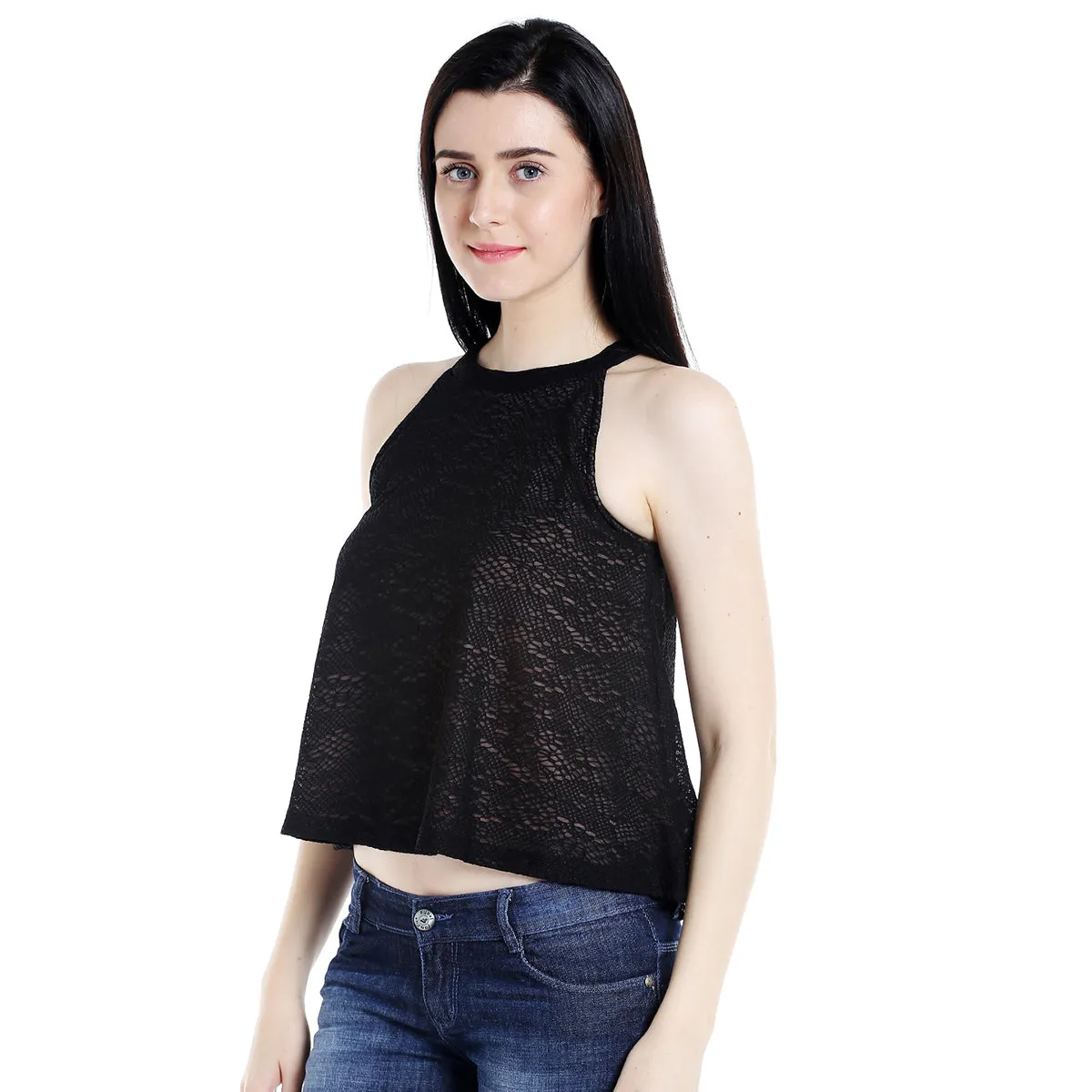 Black Self Design Crop Top