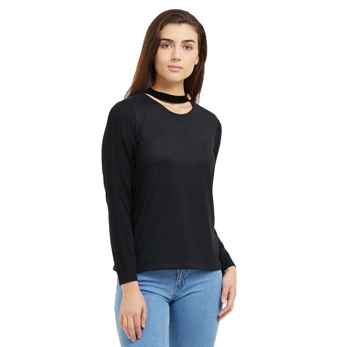 Black Solid Choker Neck Top