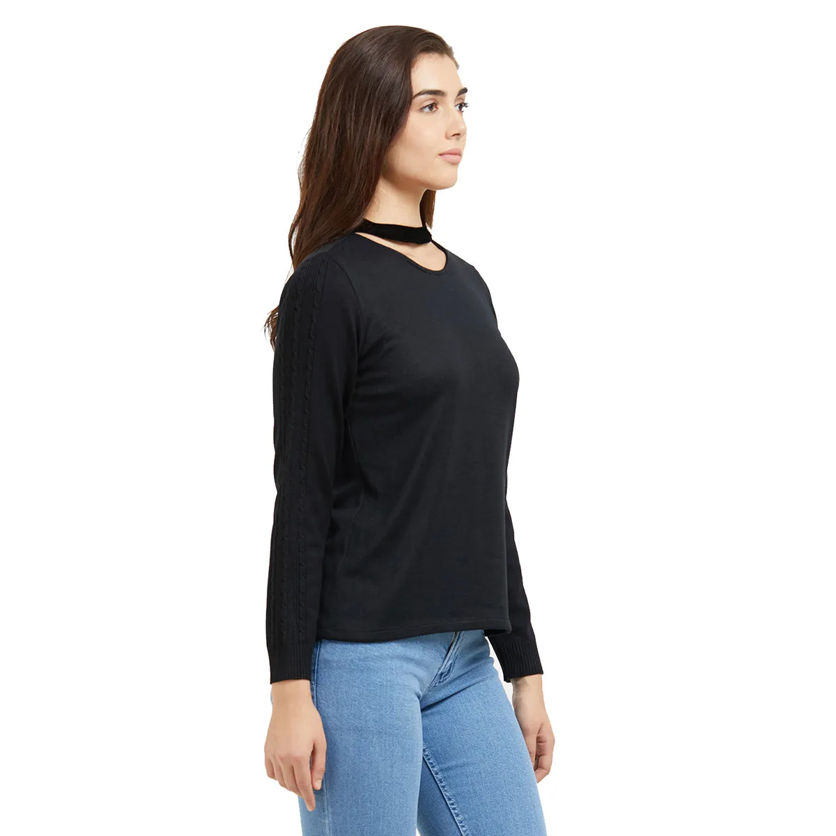 Black Solid Choker Neck Top