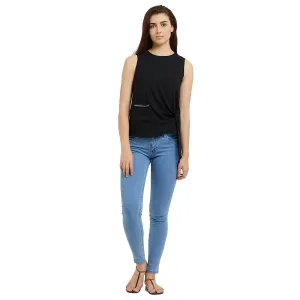 Black Woven Sleevless Top with Side Tie-up