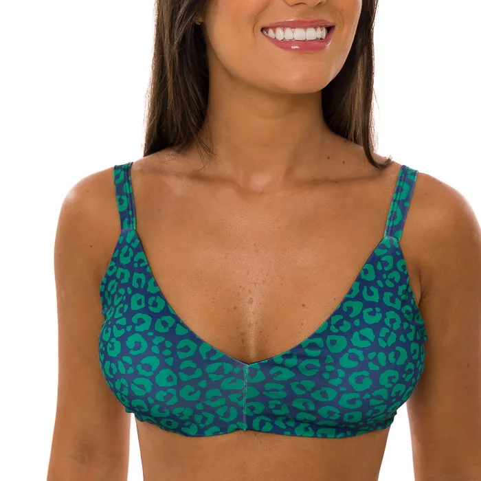 Blue and Green Jaguar Brazilian Fixed Knot Triangle Bikini Top