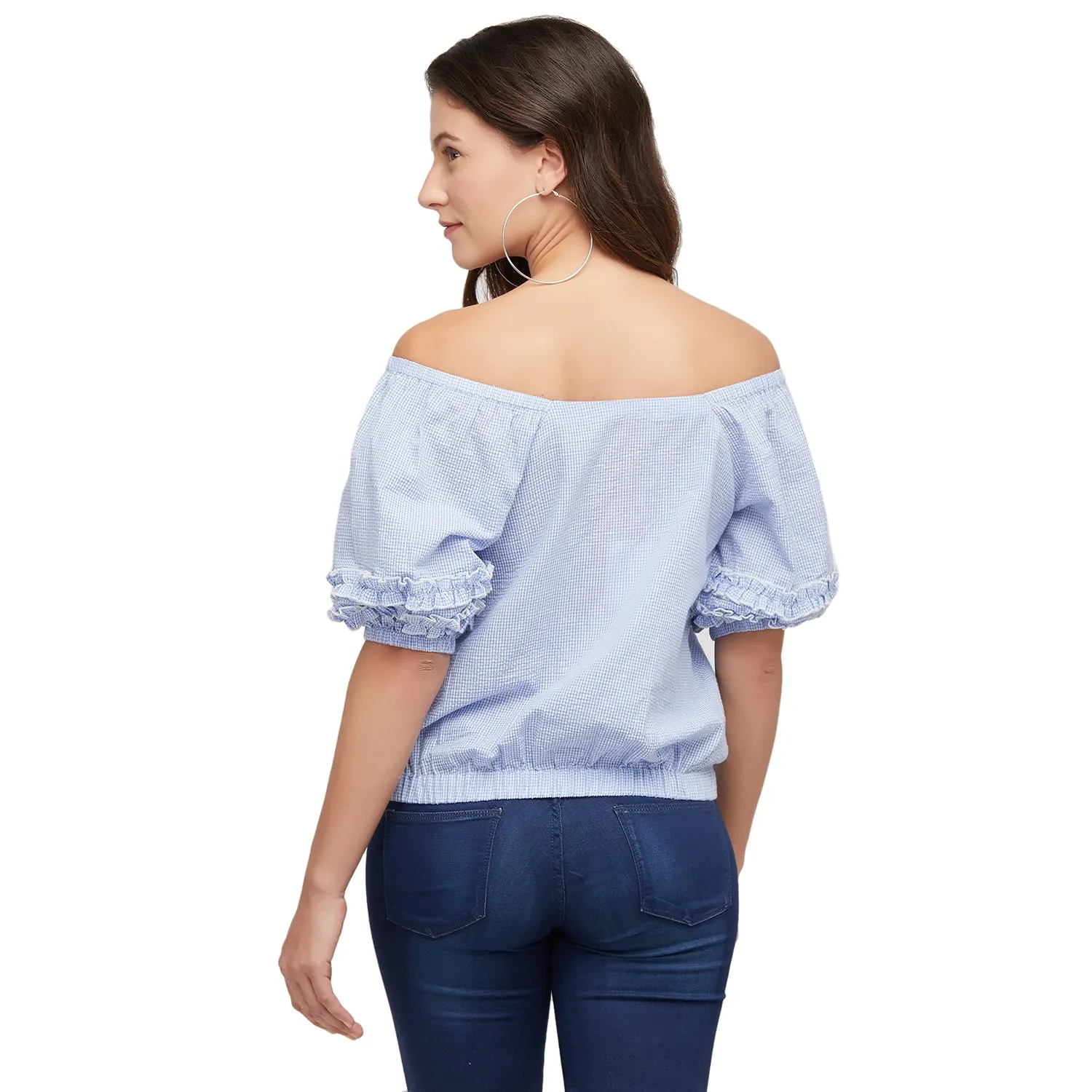 Blue Checkered Off Shoulder Top