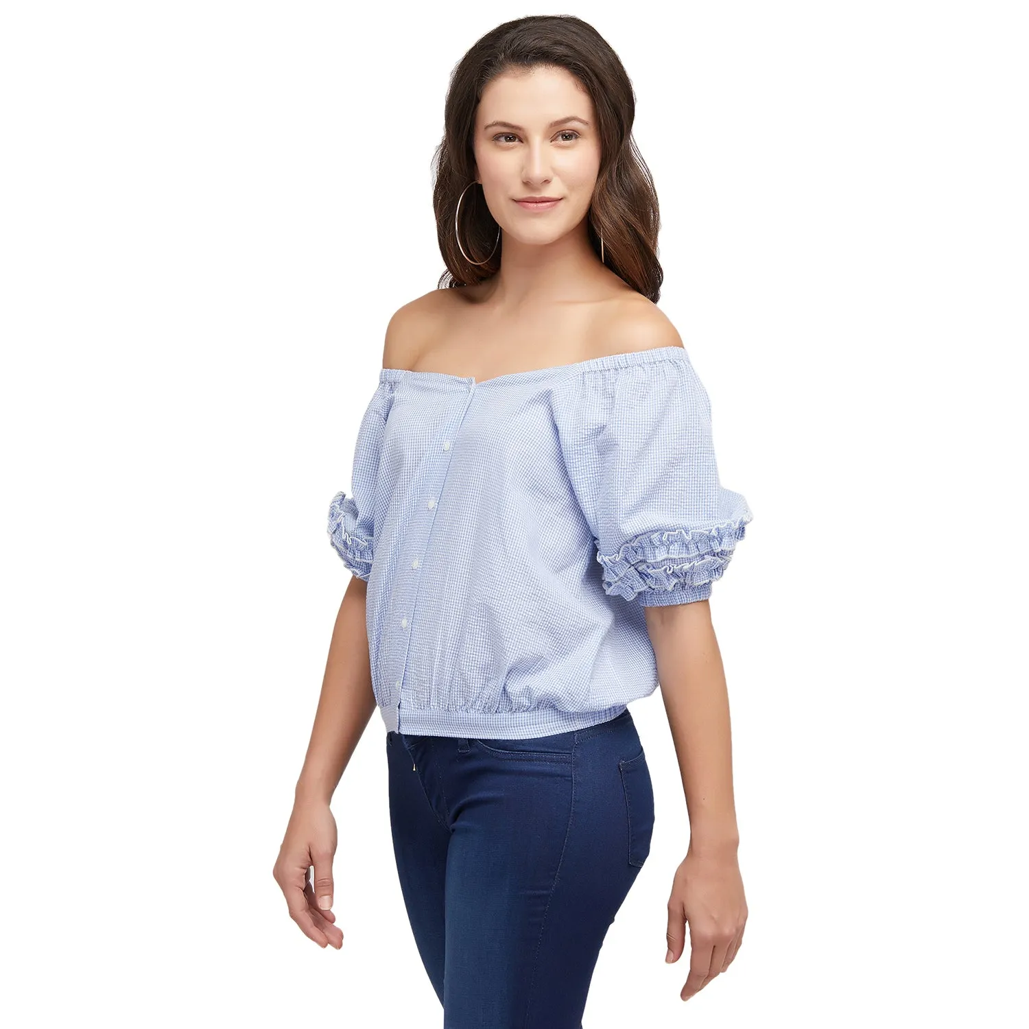 Blue Checkered Off Shoulder Top