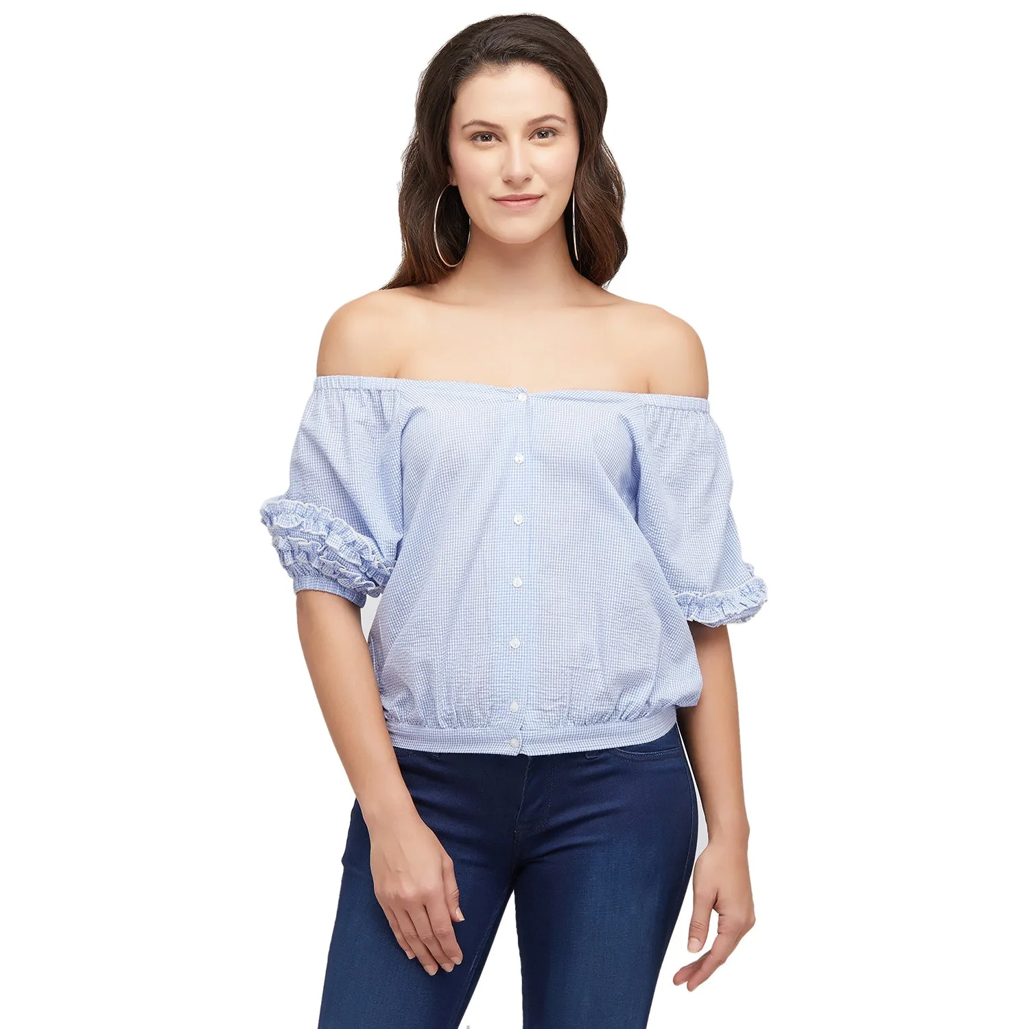 Blue Checkered Off Shoulder Top