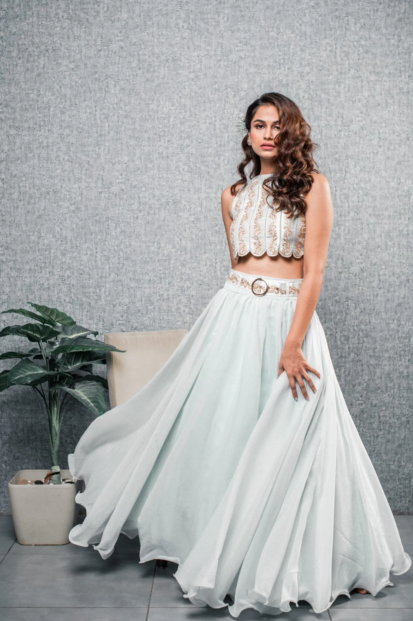 Blue embroidered Crop Top and Skirt set with belt