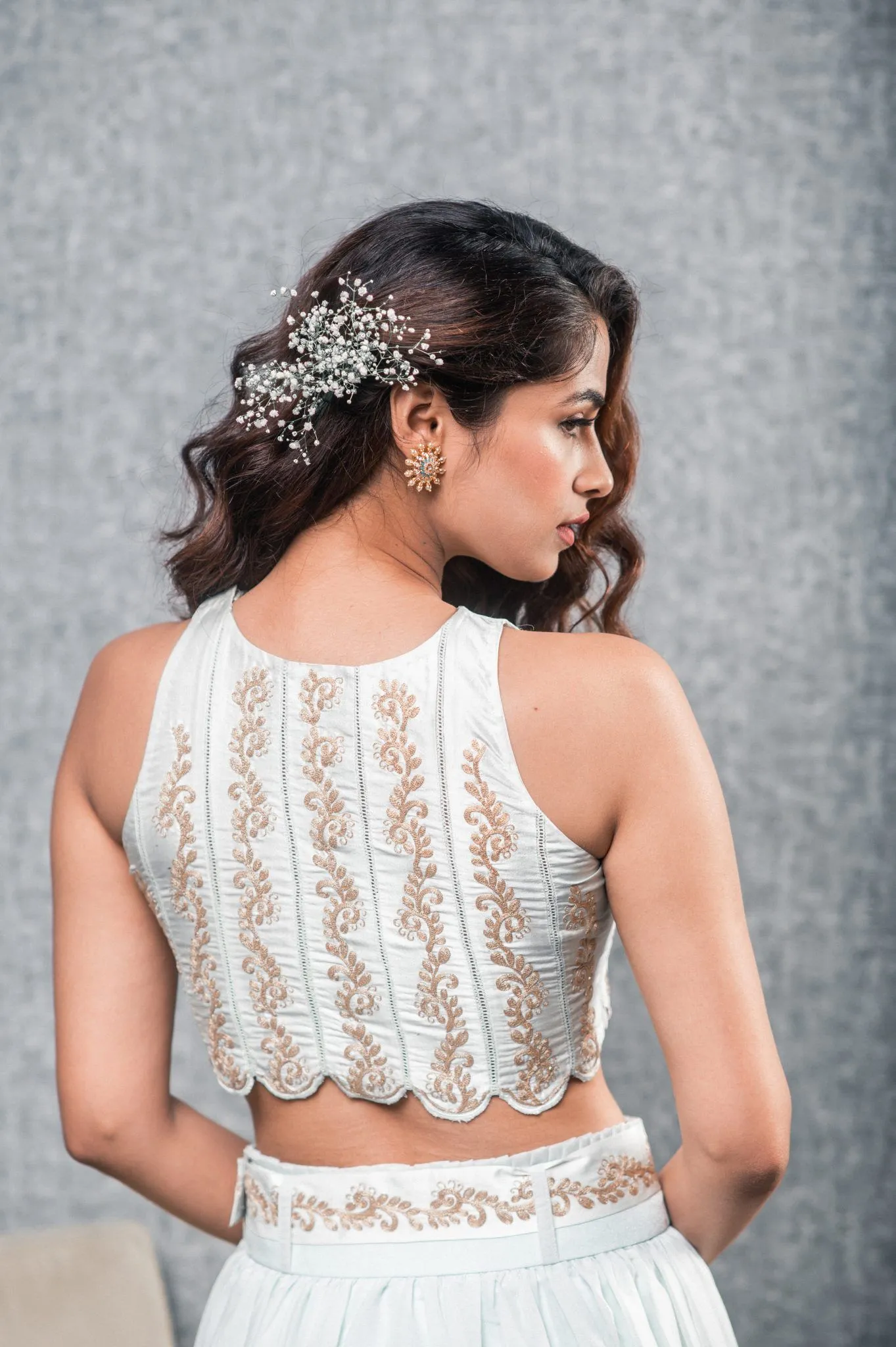 Blue embroidered Crop Top and Skirt set with belt