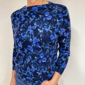 Blue Floral Cashmere Crew Neck Jumper Medium