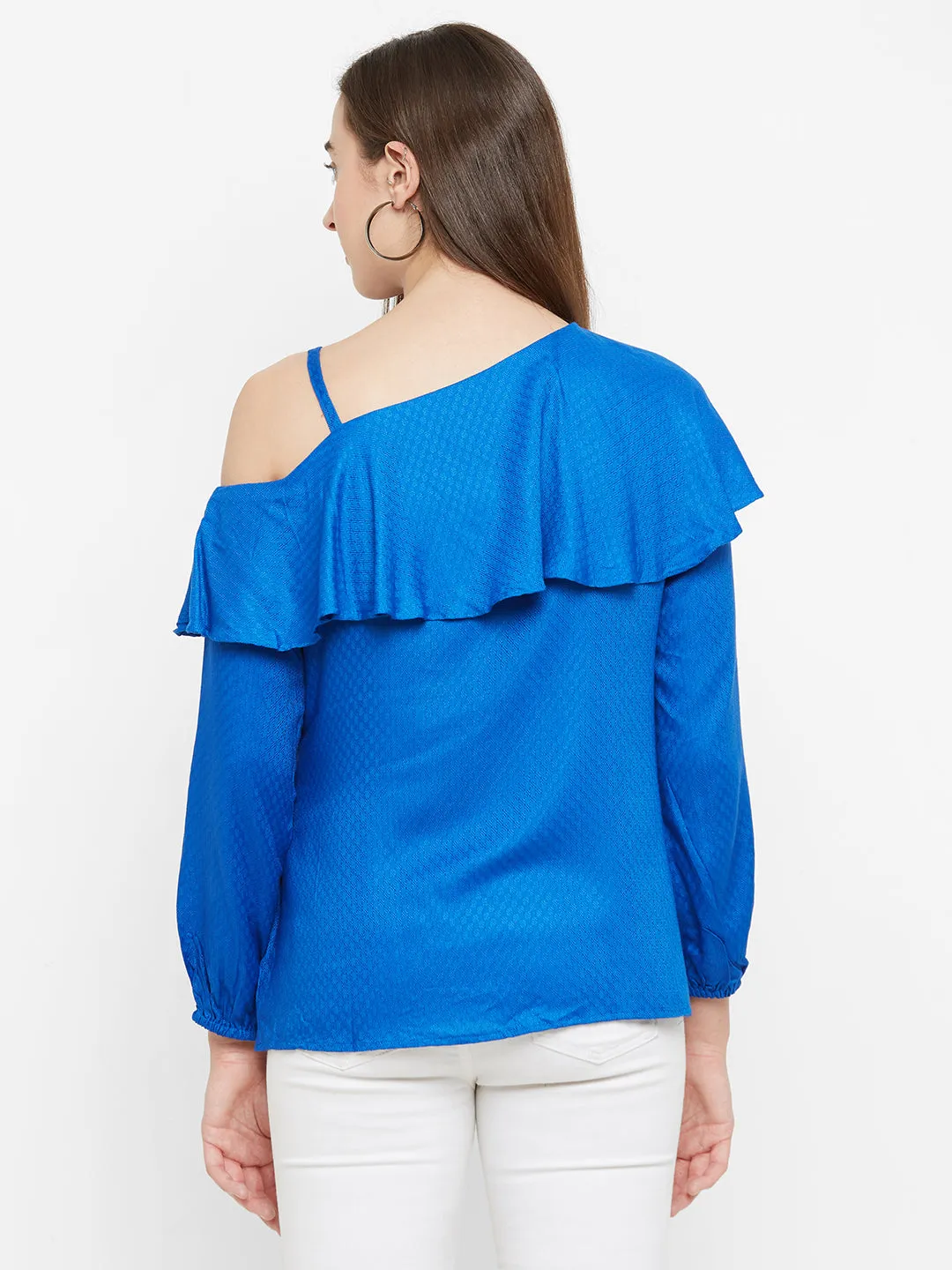 Blue One Shoulder Self Design Top