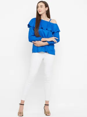 Blue One Shoulder Self Design Top