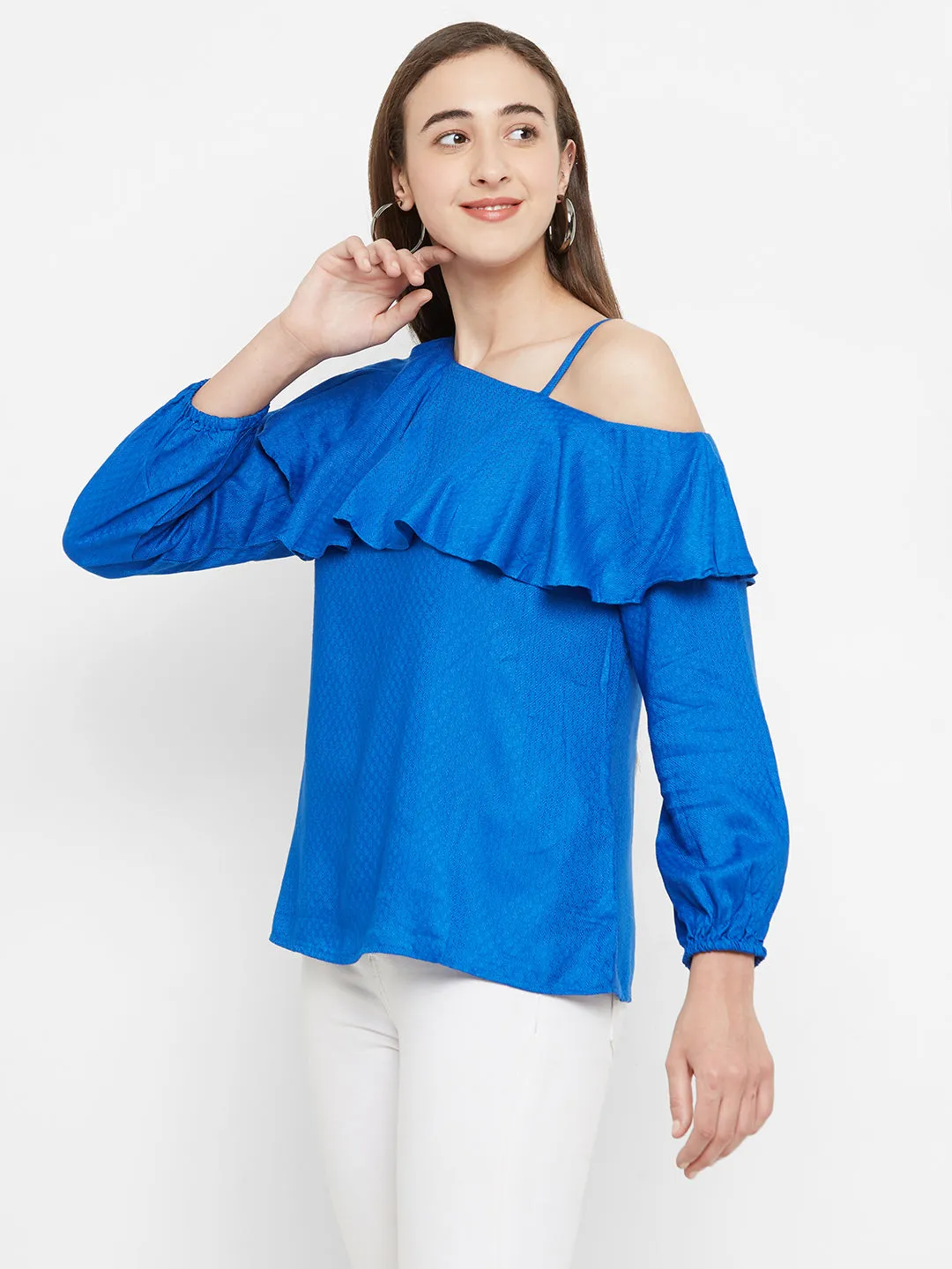 Blue One Shoulder Self Design Top