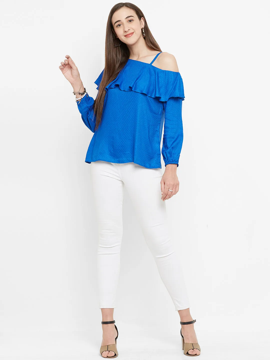 Blue One Shoulder Self Design Top