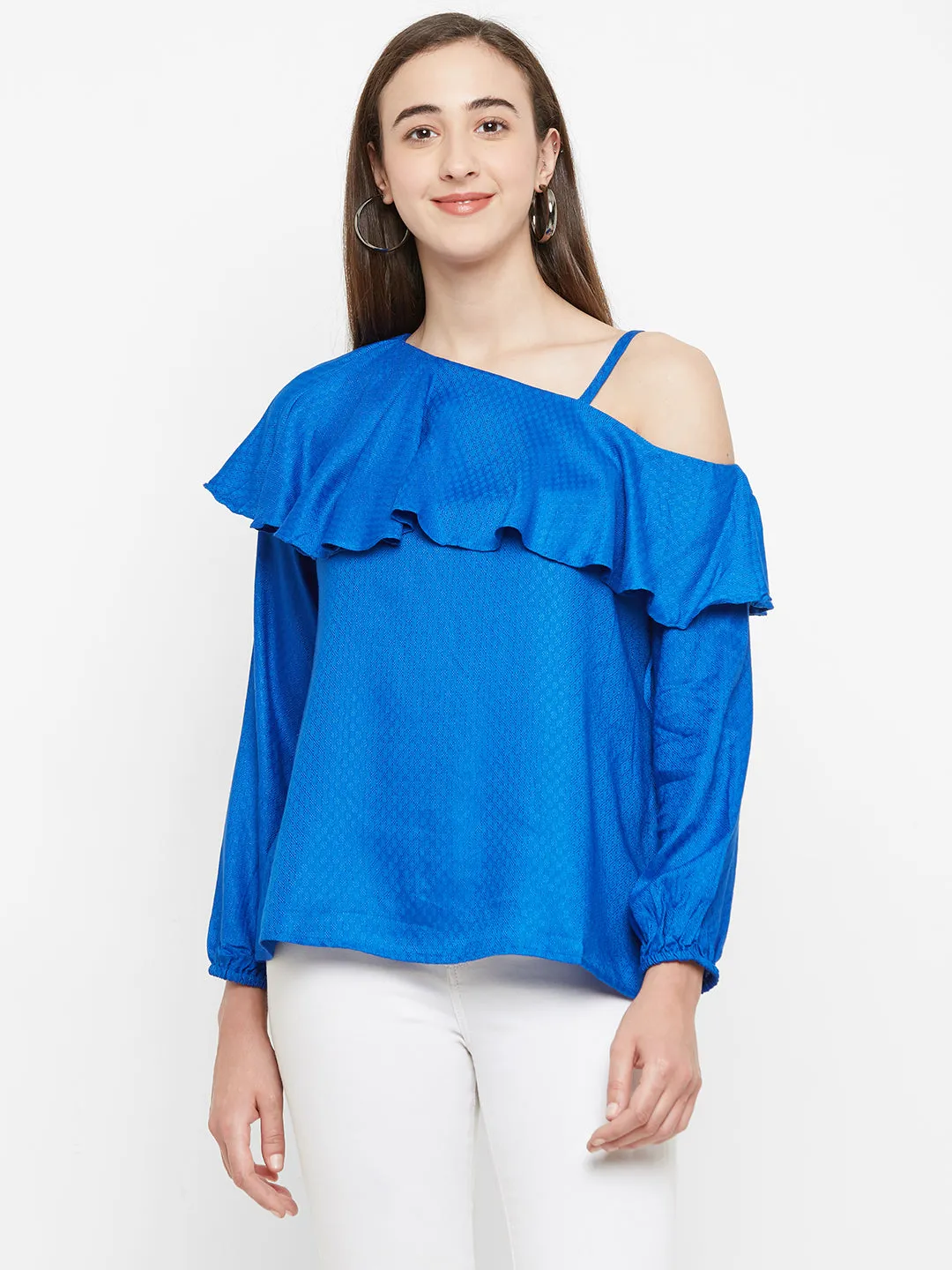 Blue One Shoulder Self Design Top