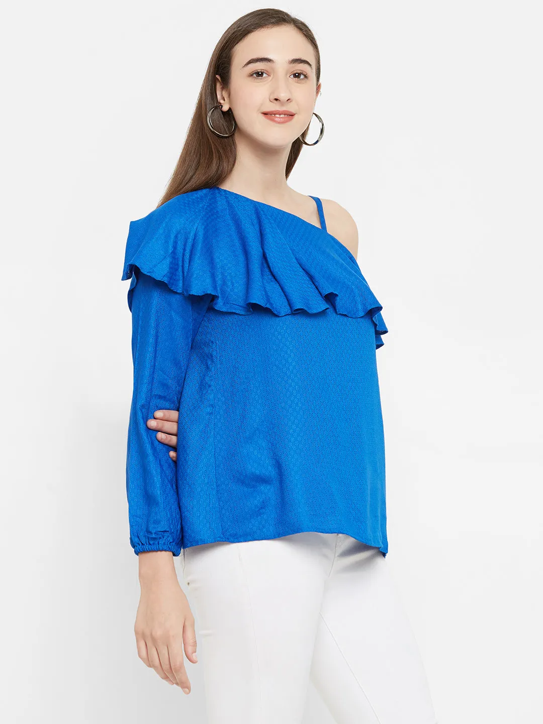 Blue One Shoulder Self Design Top