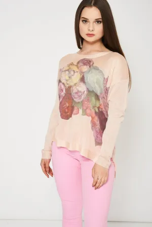 Blush Knitted Top With Floral Print
