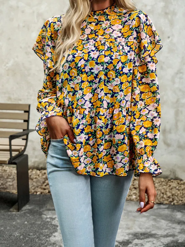 Bohemian Floral Long Flutter Sleeve Romantic Blouse