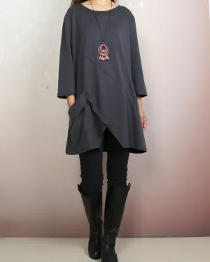 Boho tunic tops, 3/4 sleeve cotton tunic top, casual loose t-shirt, women's dark blue long tops(Y2008)