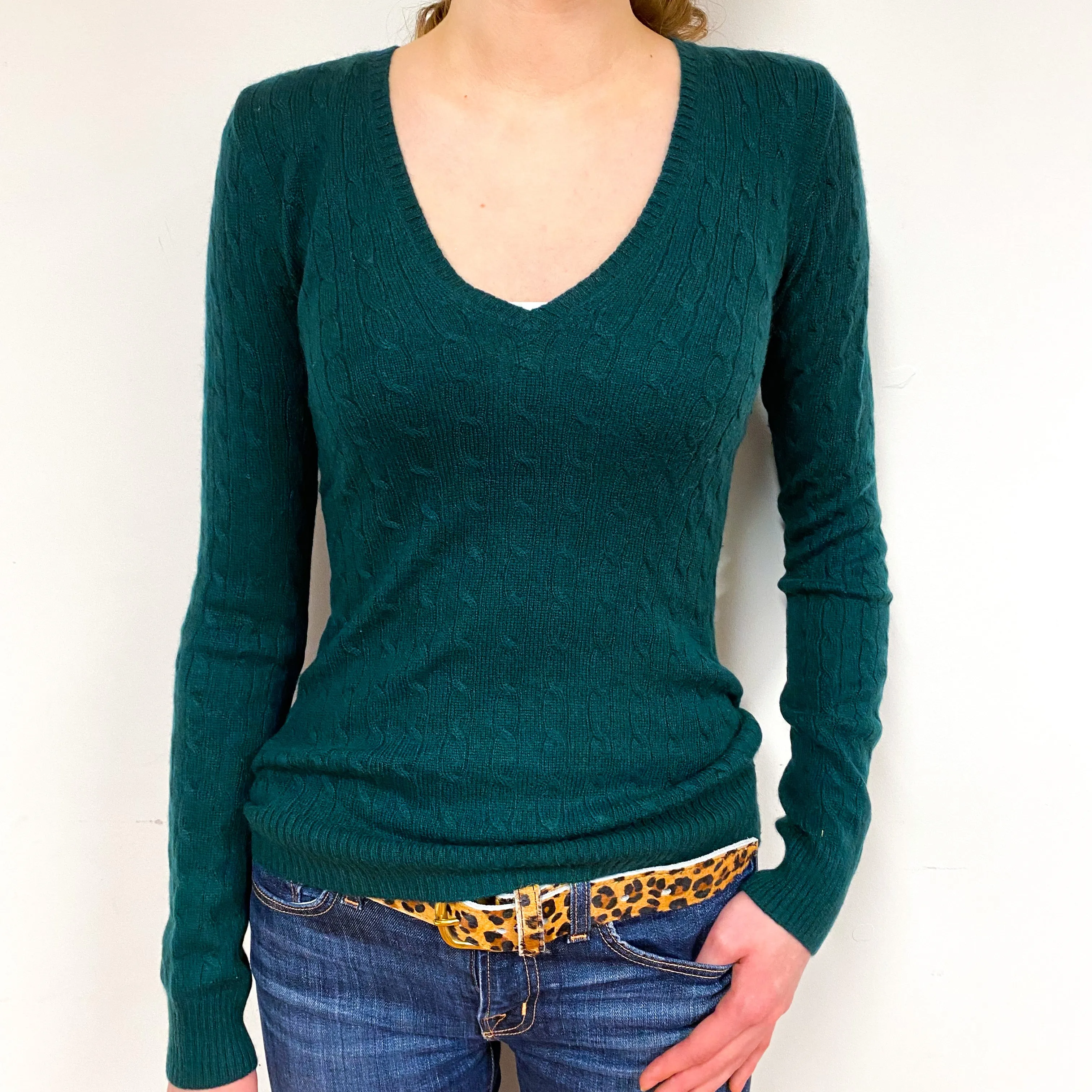 Bottle Green Cable Cashmere V-Neck Jumper Extra Small