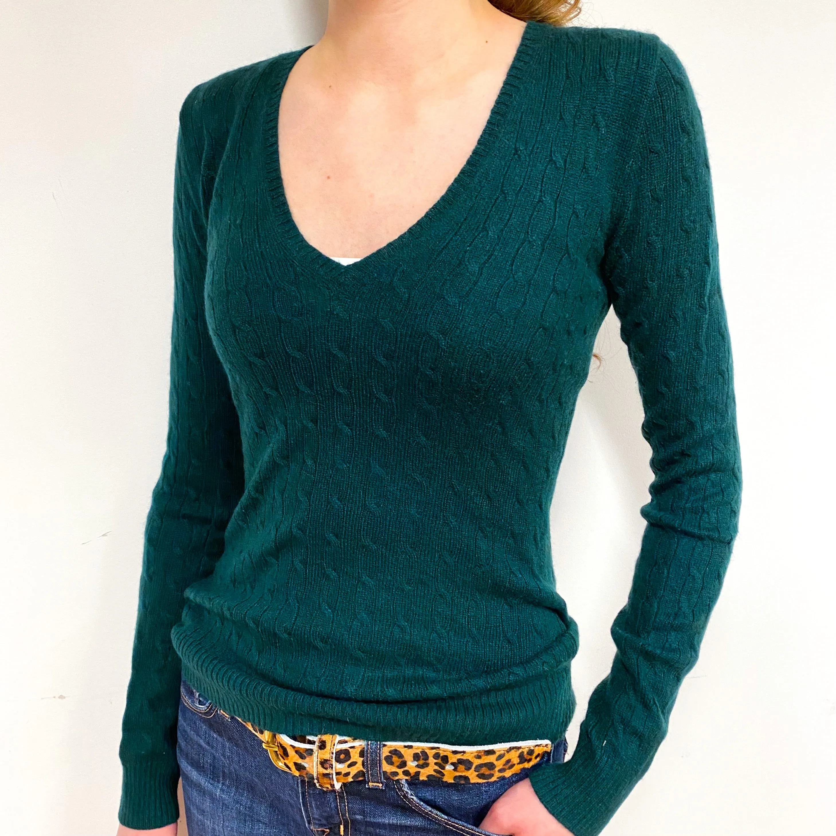 Bottle Green Cable Cashmere V-Neck Jumper Extra Small