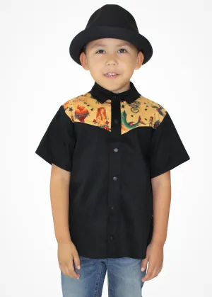 Boy's Rockabilly Tattoo Western Top - Mustard