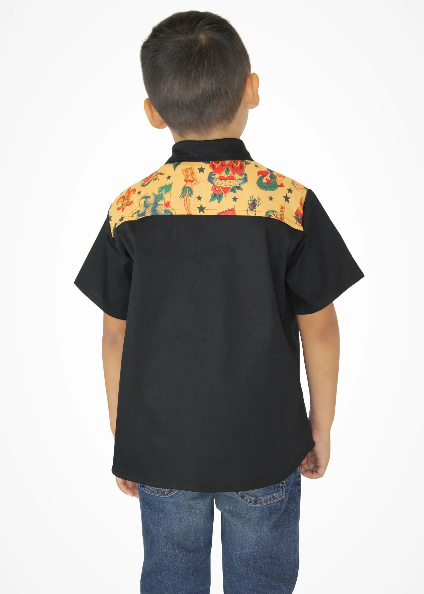 Boy's Rockabilly Tattoo Western Top - Mustard