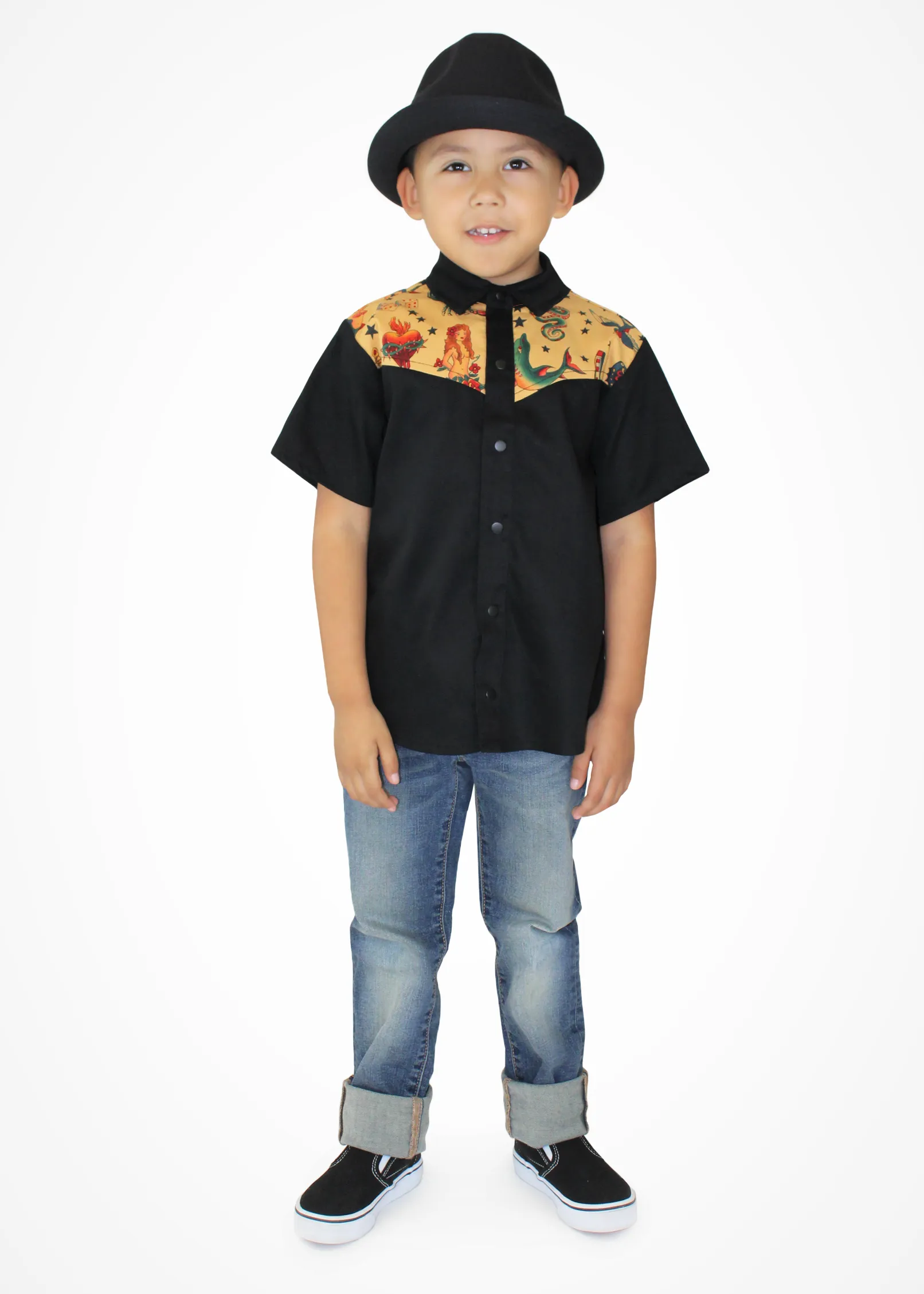 Boy's Rockabilly Tattoo Western Top - Mustard