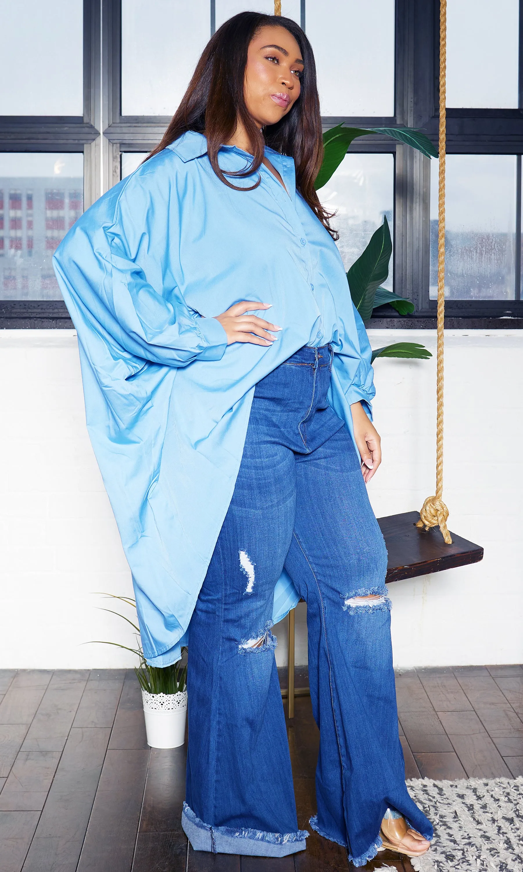 Breeze Luxe | Long Sleeve Button-Down Polo - Blue FINAL SALE