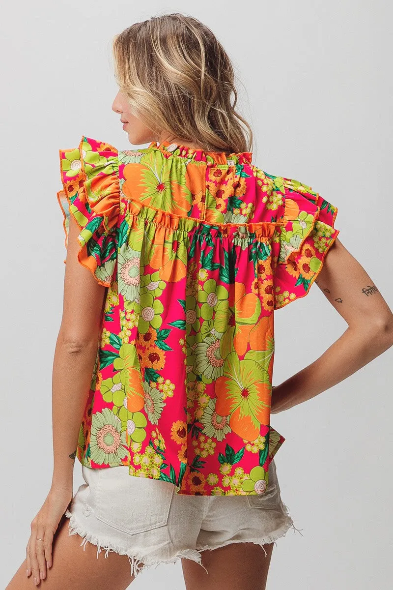 Bright Floral Ruffle Blouse