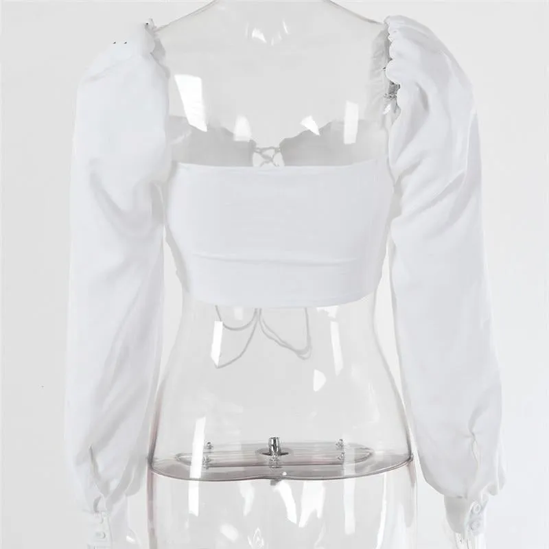 Broadcloth White Lace Up Hollow Out Puff Sleeve Women Crop Top
