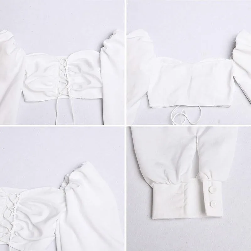 Broadcloth White Lace Up Hollow Out Puff Sleeve Women Crop Top