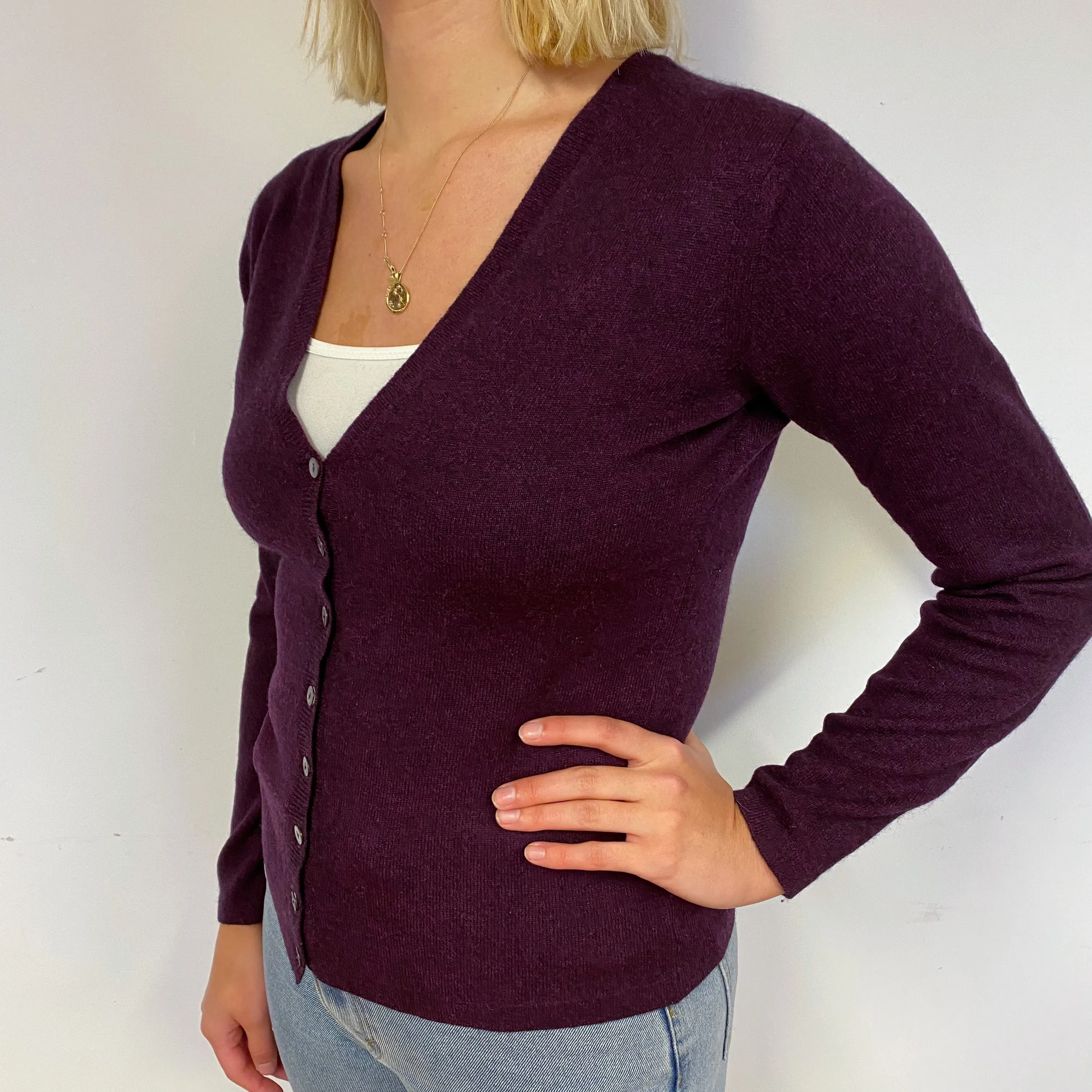 Brora Aubergine Purple Cashmere V-Neck Cardigan Small