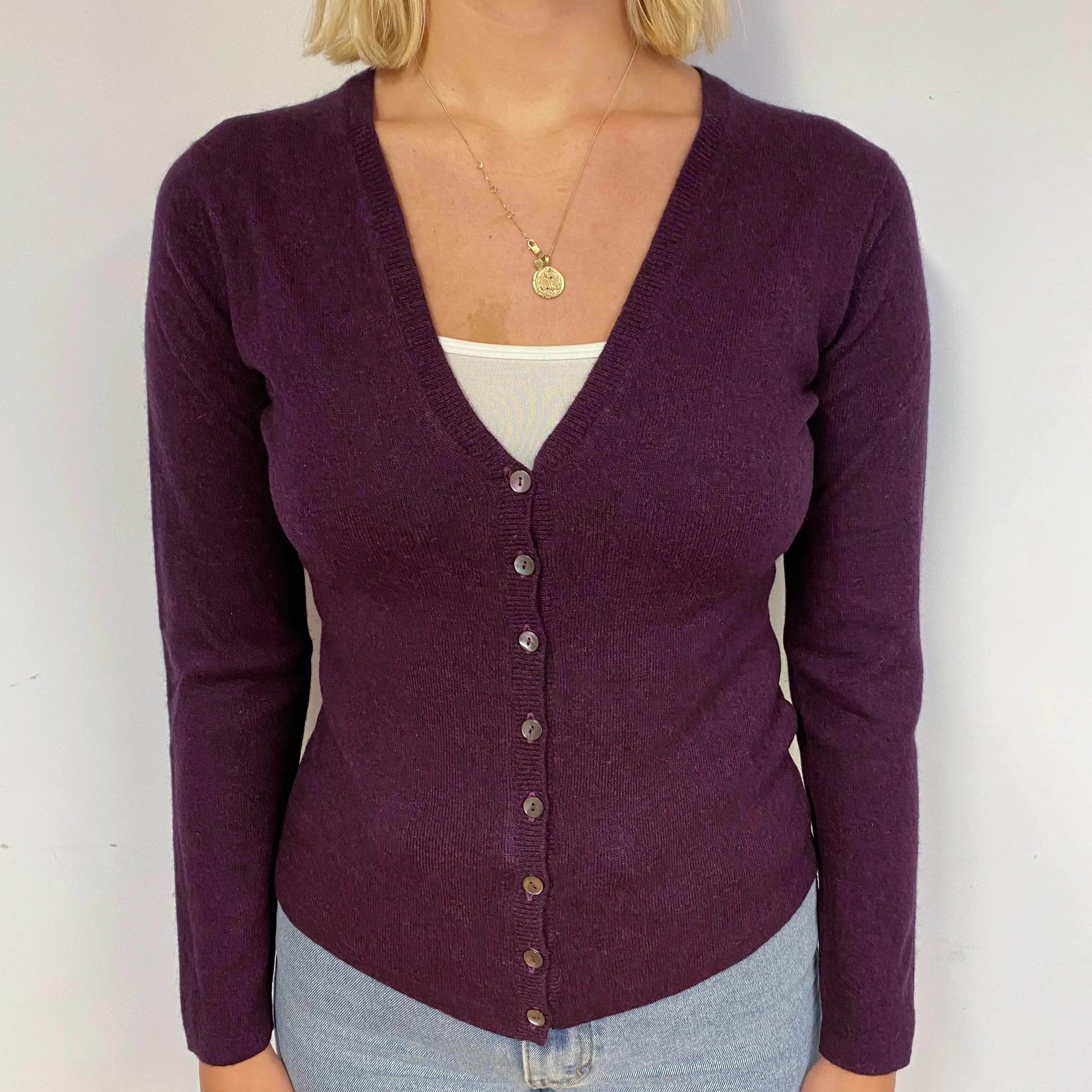 Brora Aubergine Purple Cashmere V-Neck Cardigan Small