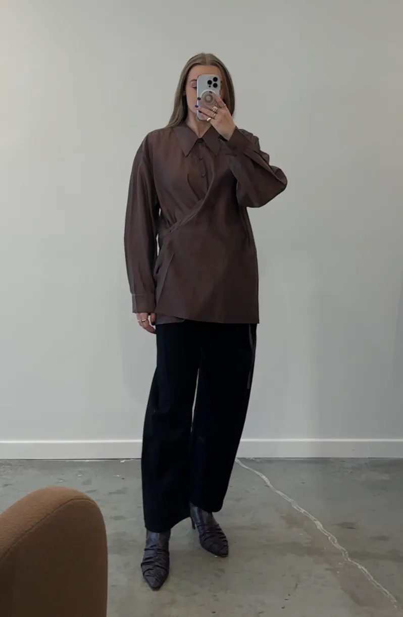 Brown Organza Side Button Blouse