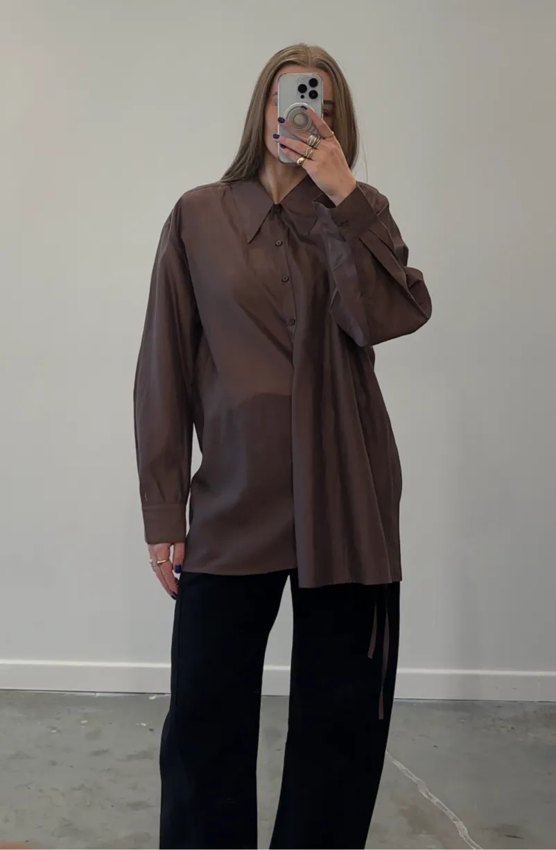 Brown Organza Side Button Blouse
