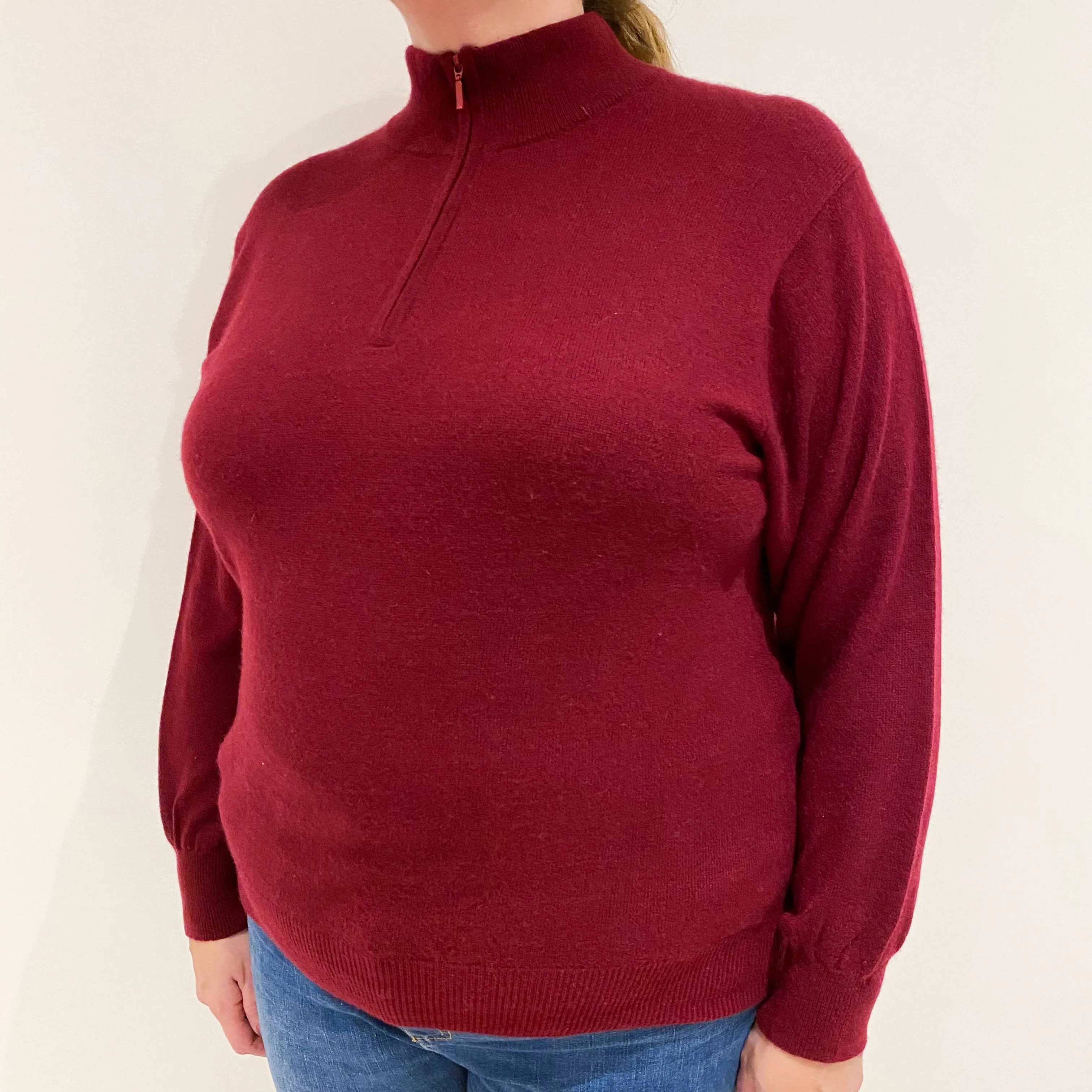 Burgundy Red Cashmere Quarter Zip Jumper Extra Large