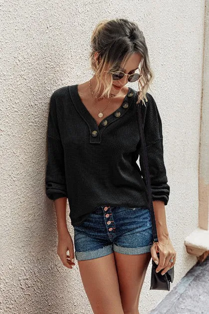 Button Trim Long Sleeve Top