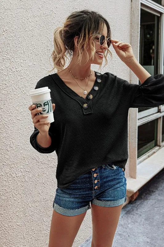 Button Trim Long Sleeve Top