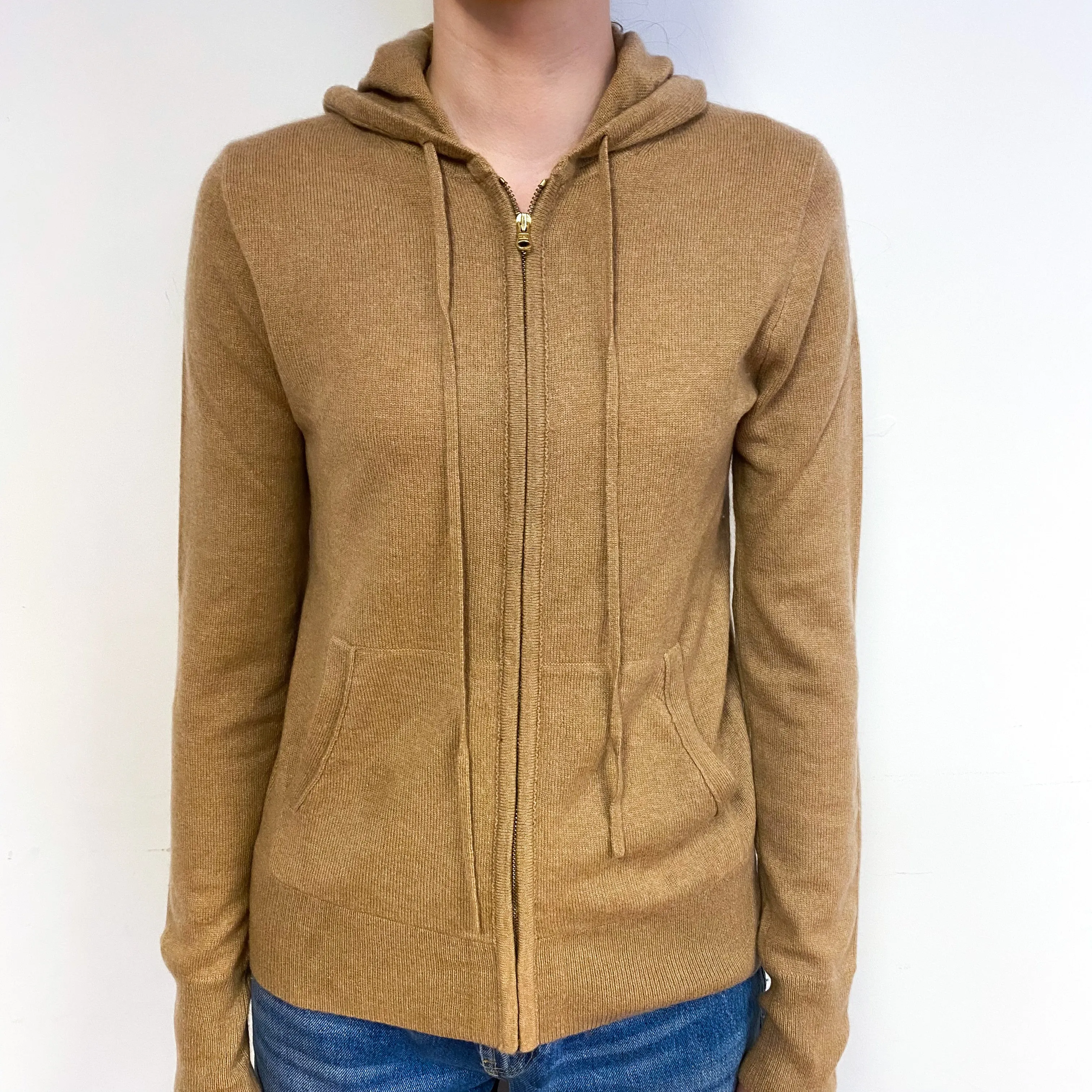 Camel Brown Cashmere Zip Hoodie Cardigan Extra Small