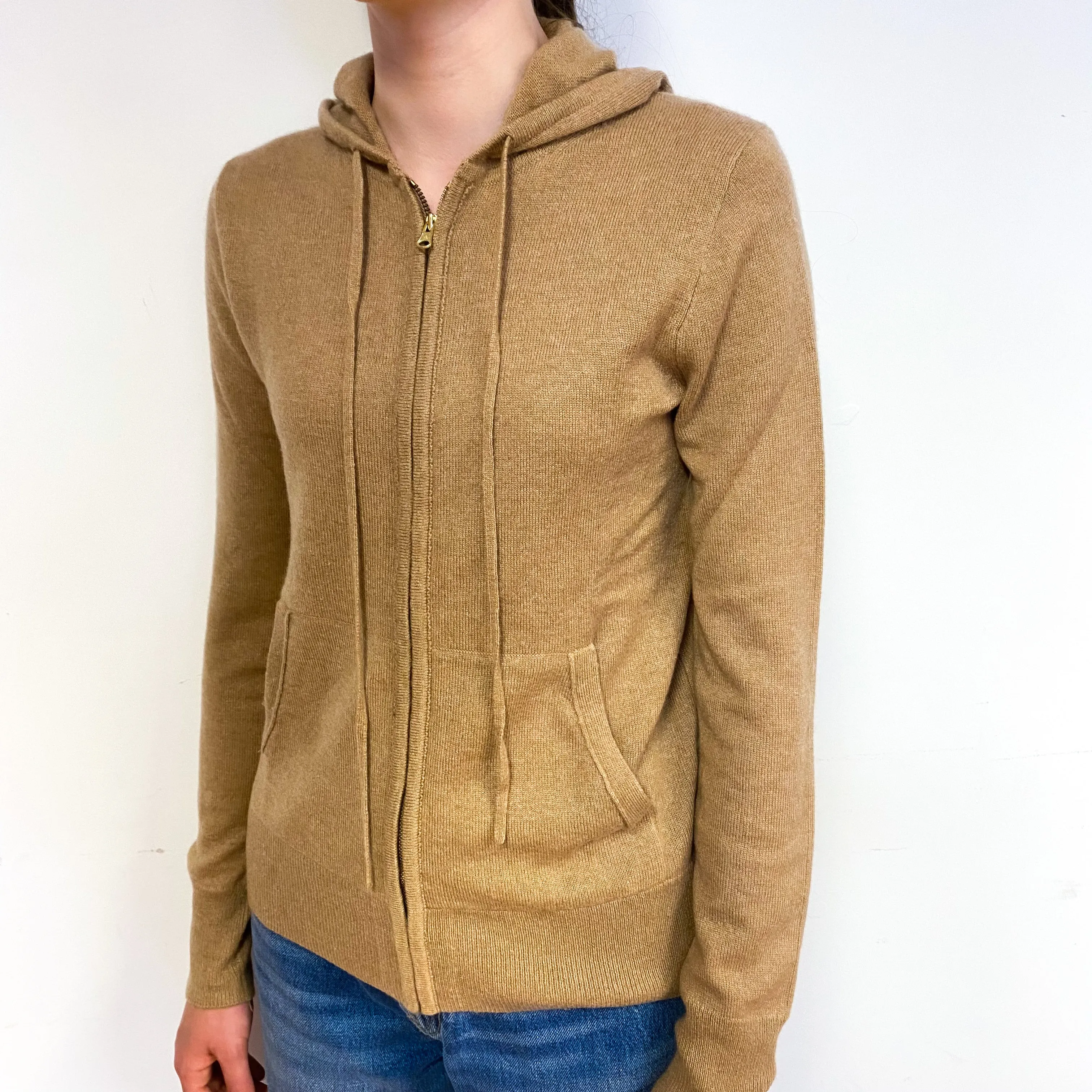 Camel Brown Cashmere Zip Hoodie Cardigan Extra Small