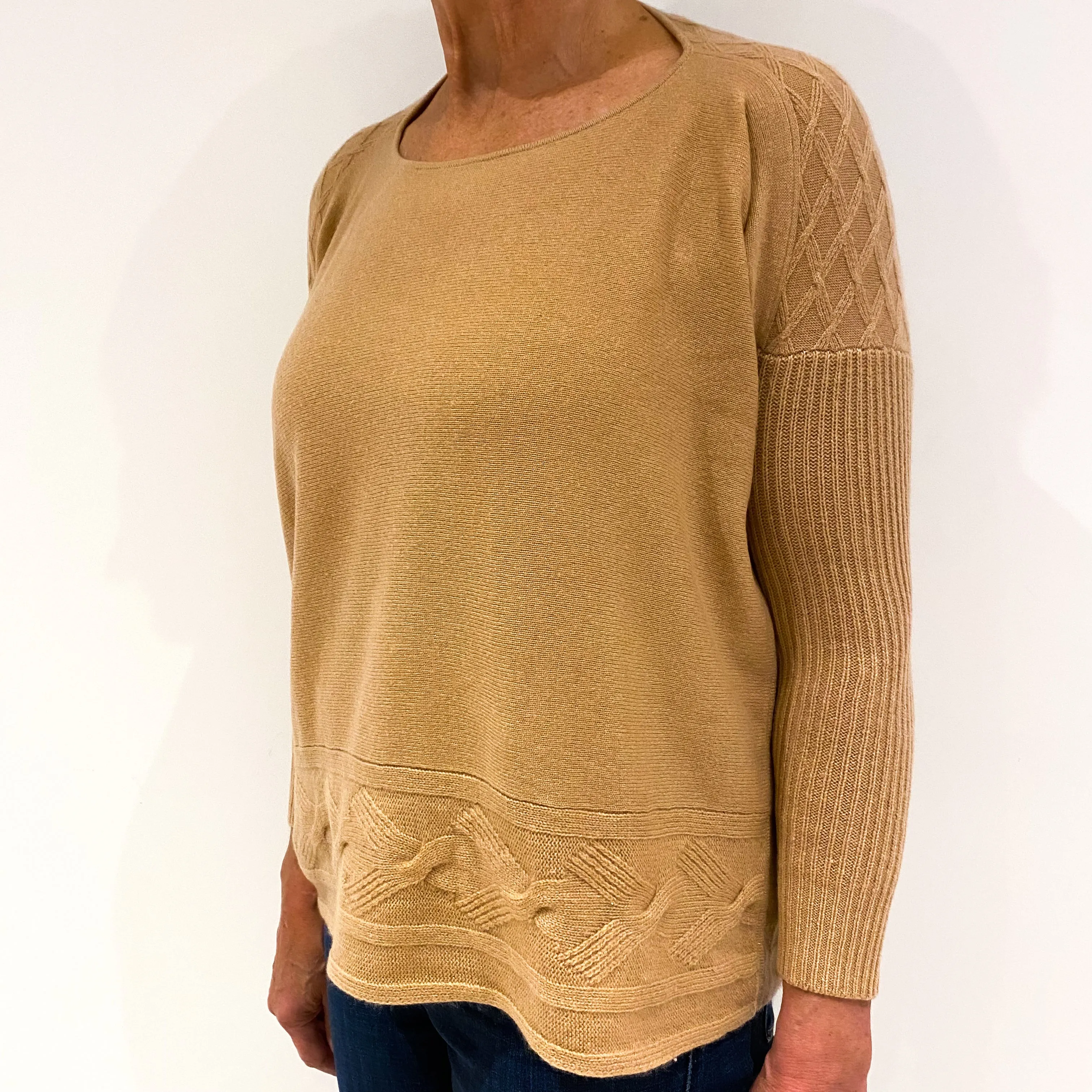 Camel Brown Knit Detail Cashmere Crew Neck Jumper Medium